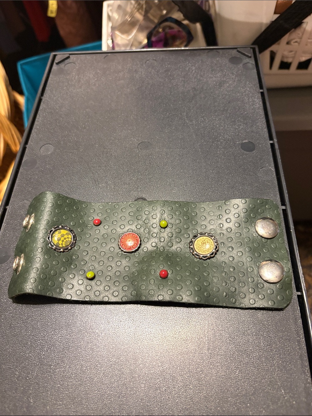 Green Studded Leather Snap Bracelet